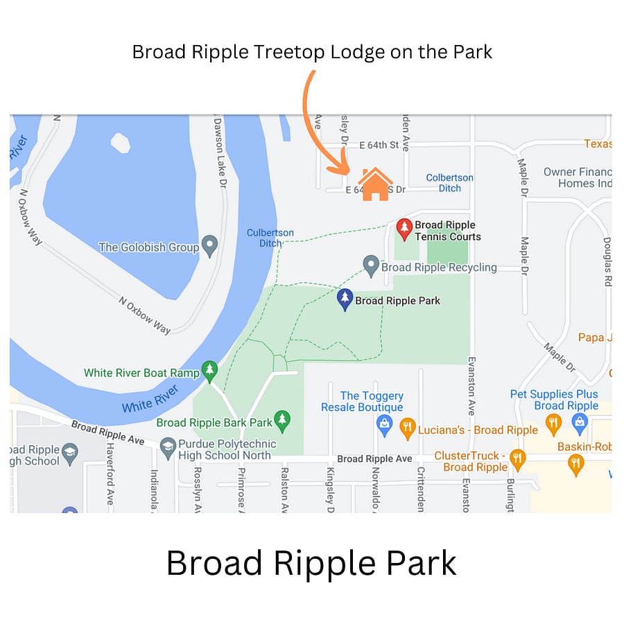 Treetop Lodge is directly on historic 62-acre Broad Ripple Park, with trails, a river, tennis courts, playground, pool, and community center.