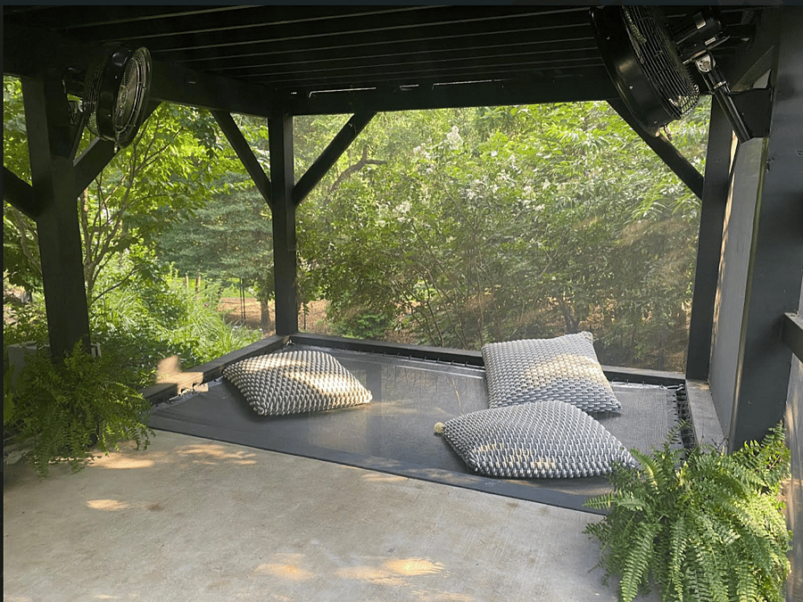 Screened In Trampoline Room for Lounging. (Tramp is Similar to One on a Catamaran, It Doesn't Bounce.) 2 Outdoor Fans Keep The Temps Cool.