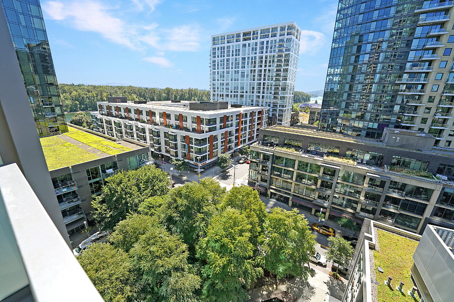 Expansive Balcony Views Overlooking green rooftops and skyline.