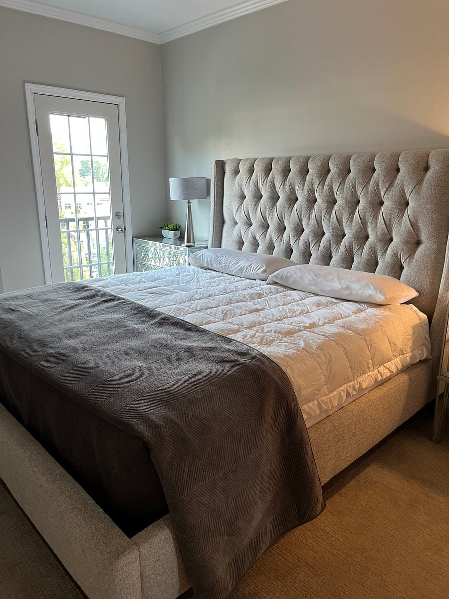 Comfy king bed and third floor long-range town view.