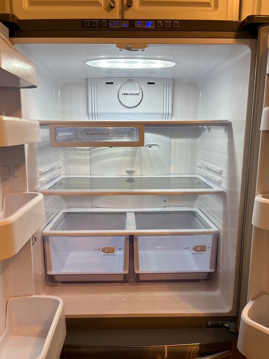 French double fridge with bottom freezer.