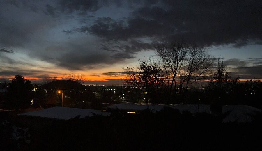 A View of an autumn sunset and the Great Salt Lake from the driveway.