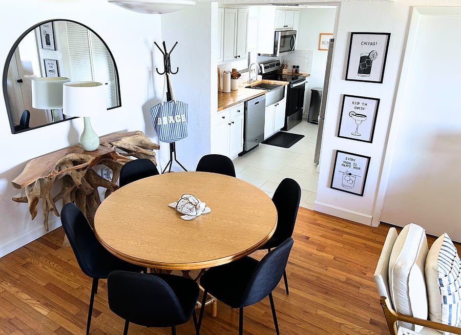 Dining area can hold 6 comfortably. 