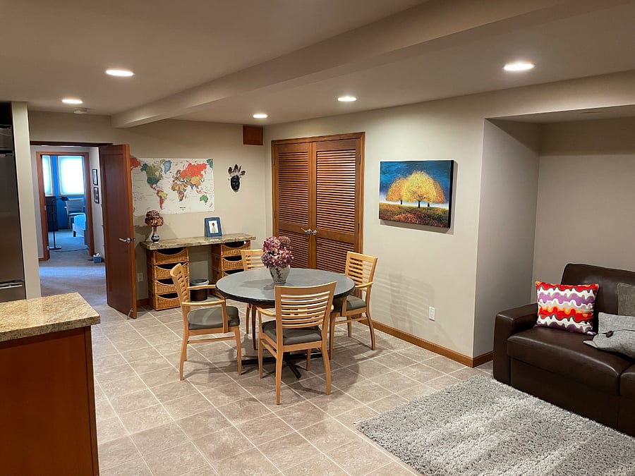 Dining area, storage closet and pullout couch