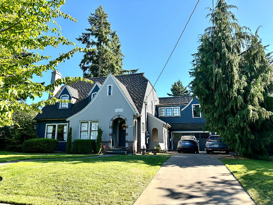 Street view of fully-remodeled 1927 house, with private 1-BD Room apartment pictured on 2nd Floor above-right