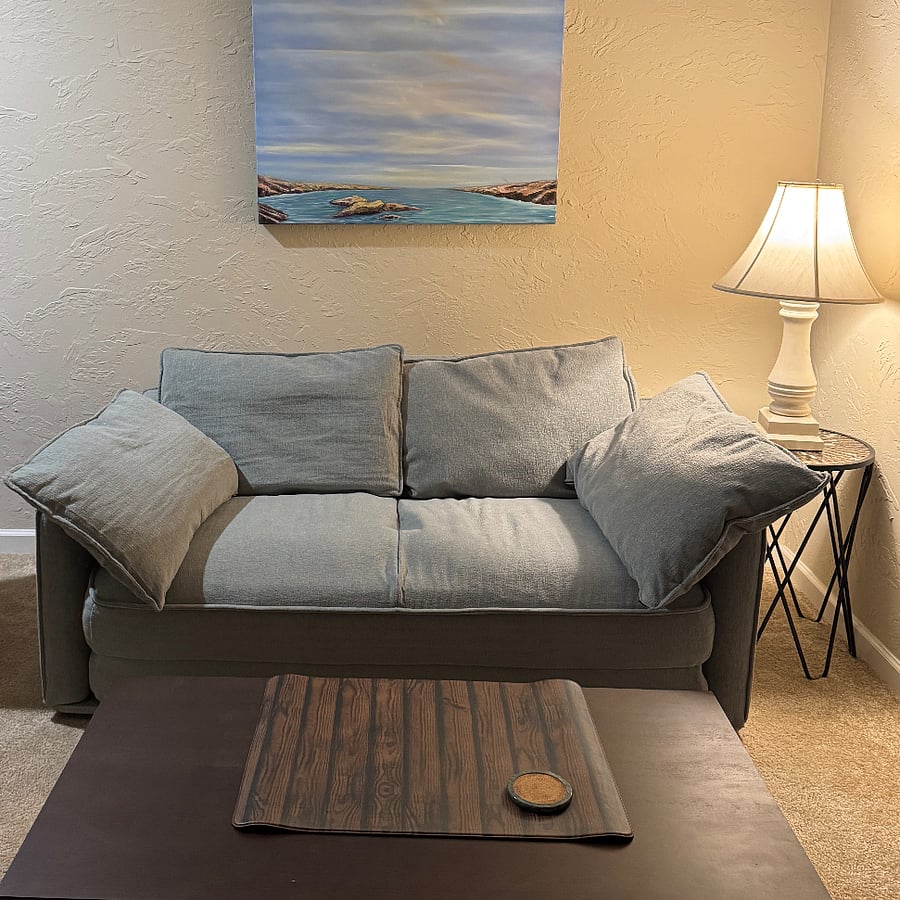 Den/Office with full desk and couch folds out to a bed. Great view out into courtyard. Coffee table has leaves for dining table and bedding for couch bed.