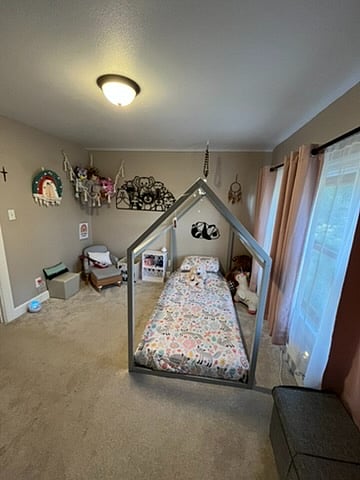 2nd floor bedroom. Twin princess floor bedframe. Angle from closet
