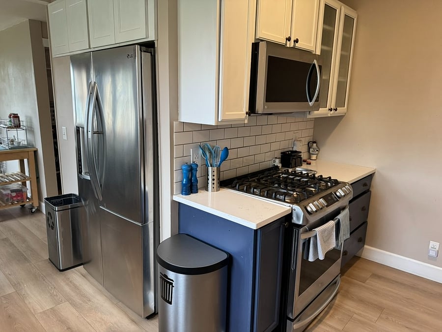 Kitchen island housing LG gas stove, convection oven, LG refrigerator/freezer with ice maker and instant water (complementary filters available).