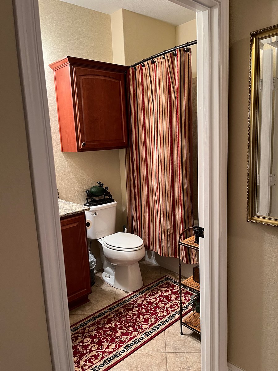 Bath has tub and shower, private entry through your room.  8.5' X 5.5'
