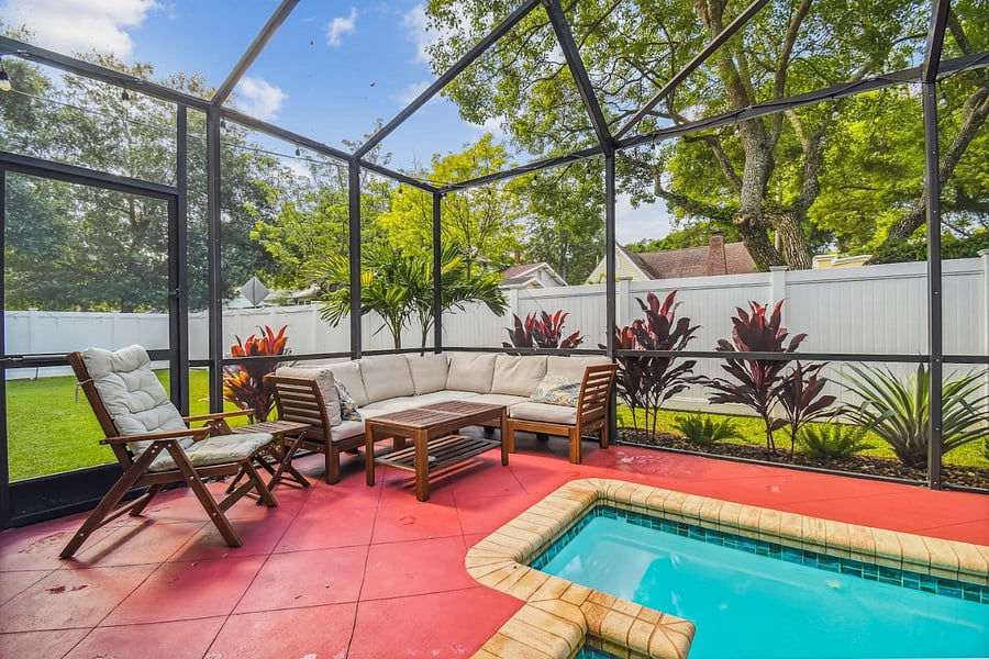 Outdoor furniture covers are provided to keep seats dry during the rainy season