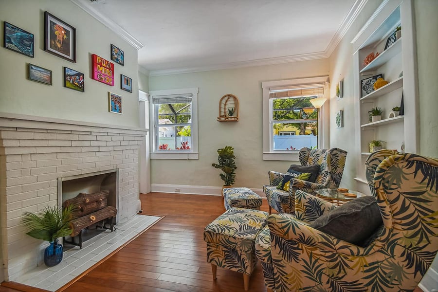 A cheerful reading nook with lots of natural light