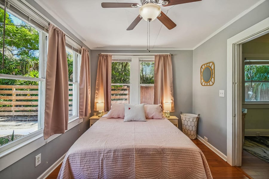 Front bedroom has beautiful natural light with blackout curtains
