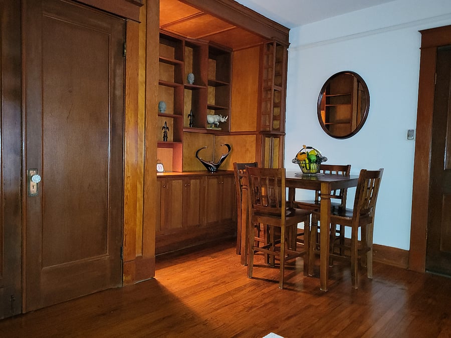 Dining Table in Living Room. Built In shelves,