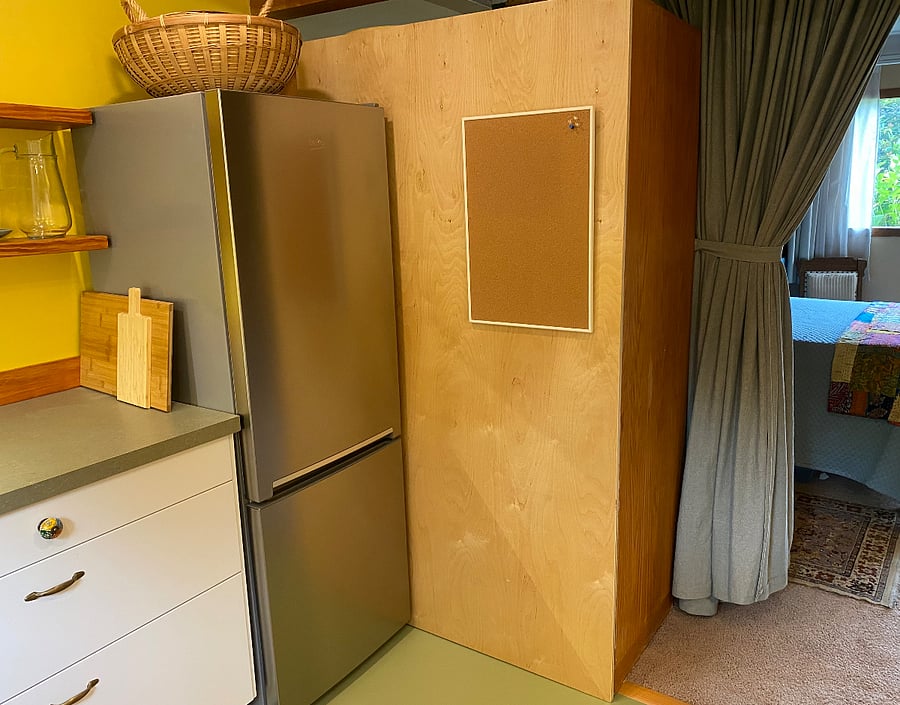 Quiet Refrigerator/freezer. Bulletin board.