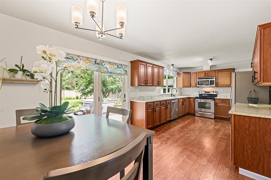 Kitchen and Dining Room are steps away from the patio.