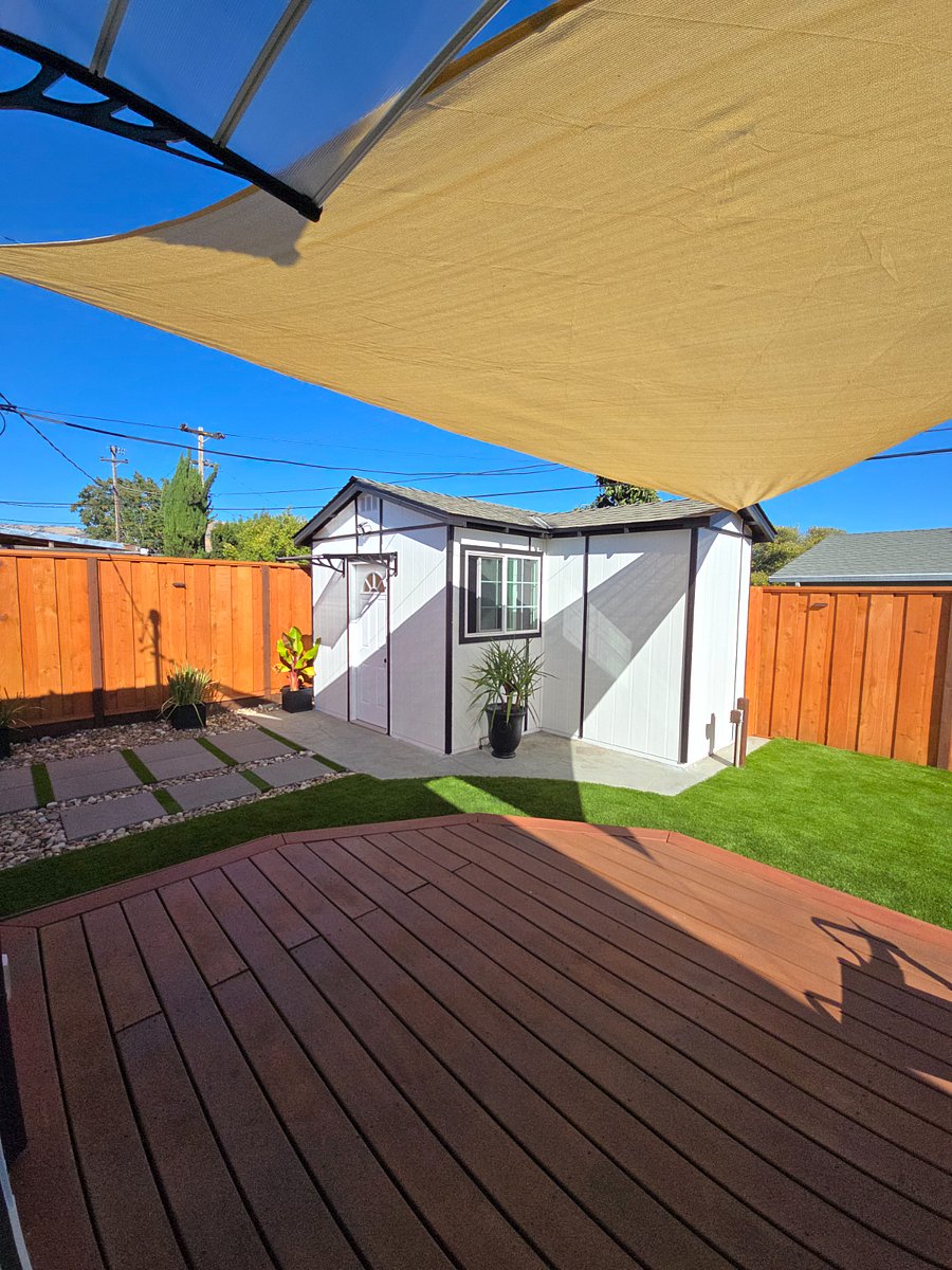 Day view of fully fenced yard. Plenty of shade.