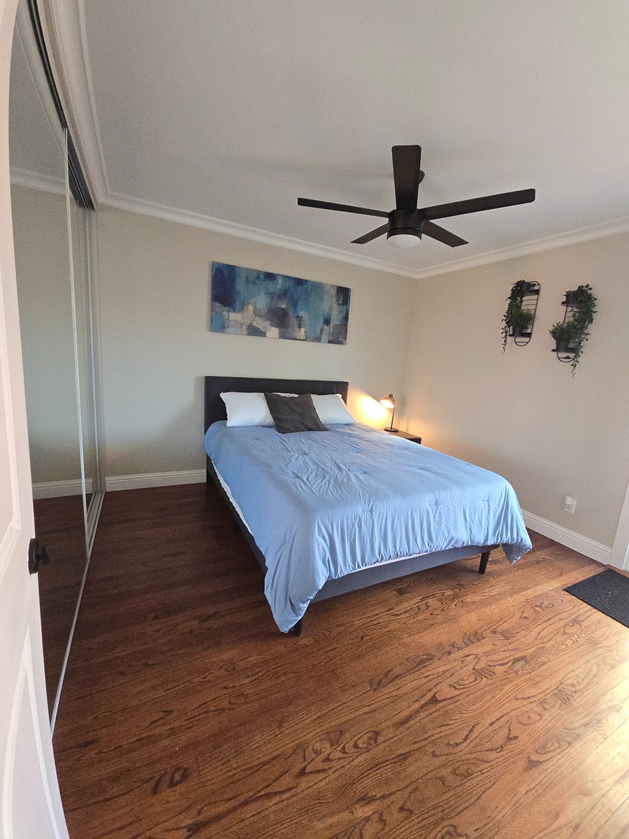 Spacious master bedroom with ceiling fan.