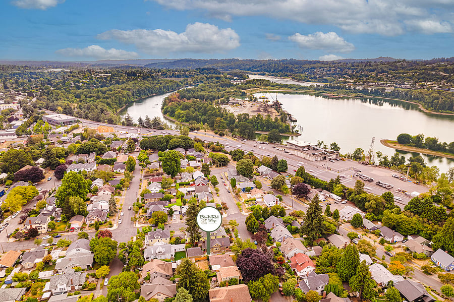 View of the Brooklyn neighborhood and Portland looking south. Willamette River.
