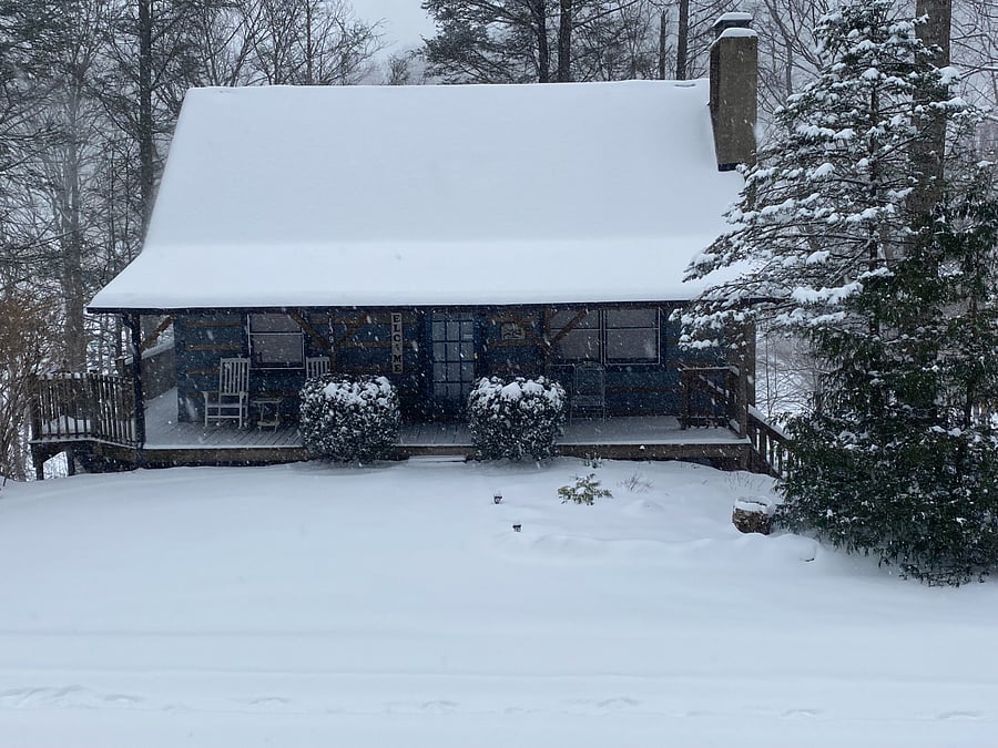 Creekside Cabin in the snow.