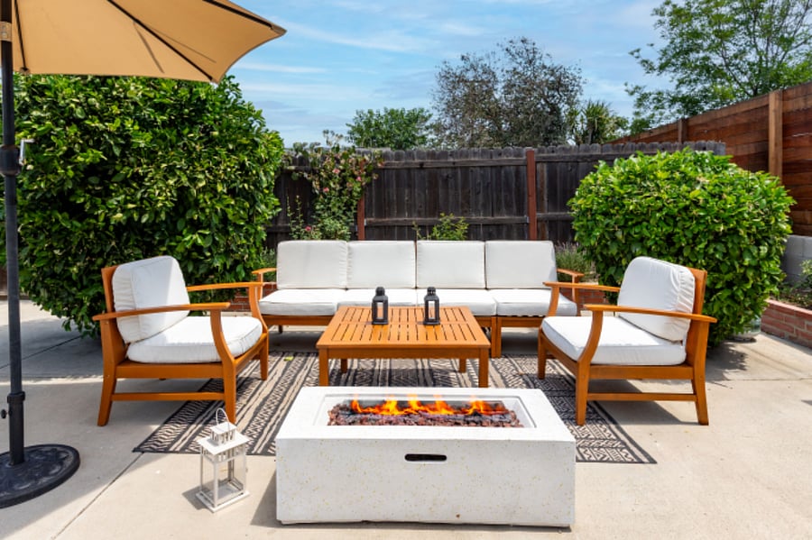 Backyard fire-pit seating  peaceful space for extended stays