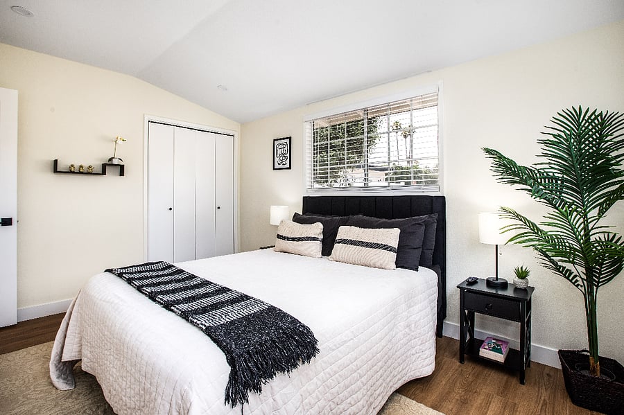 Cozy bedroom with Smart TV, quiet space for rest and remote work