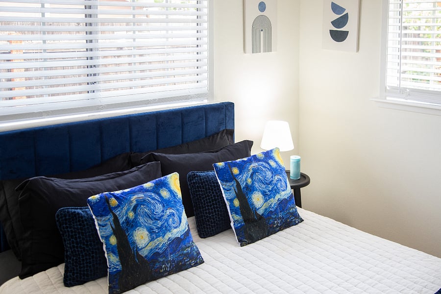 Queen bedroom with Smart TV, quiet space for work and rest