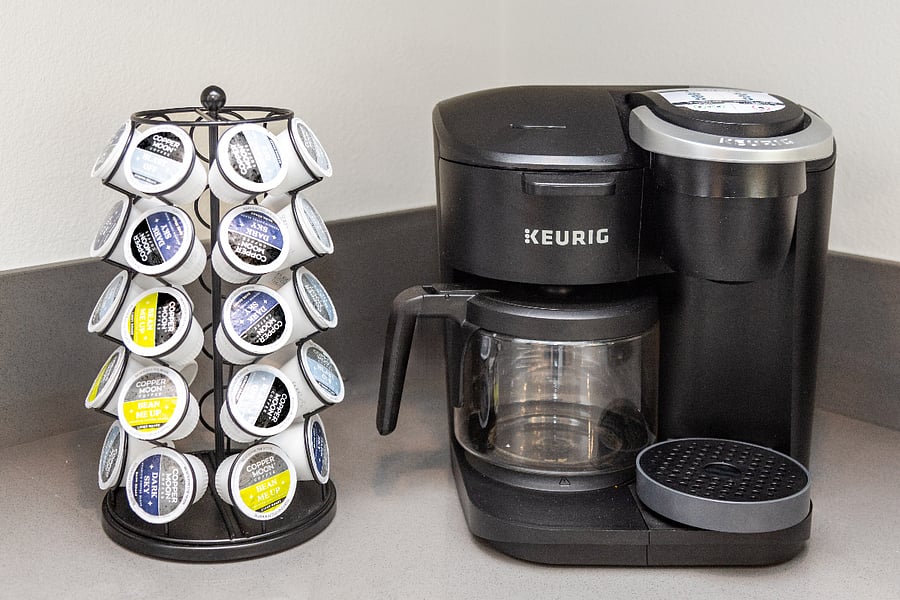 Coffee station with Keurig, perfect for early shifts
