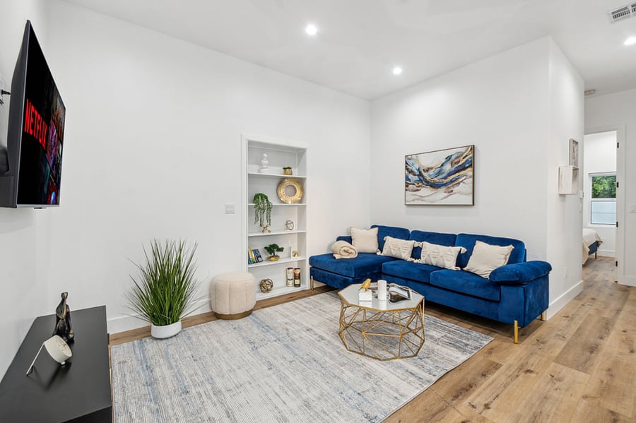 Bright living room with smart TV and high-speed WiFi