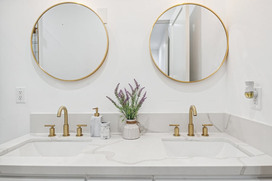 Double vanity bathroom fully stocked for mid-term stays