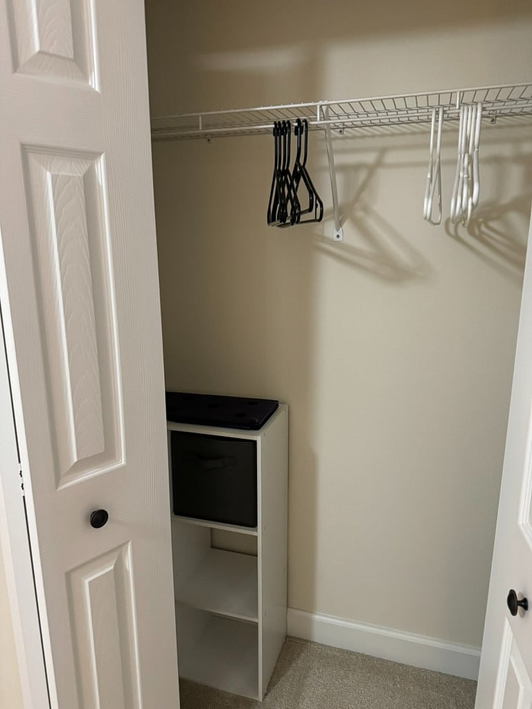 guest bedroom closet and also has a full dresser and nightstand