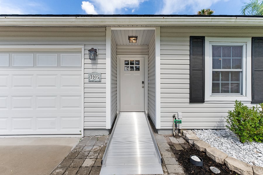 One of three custom-built ramps designed for accessibilitybuilt at a 1:12 slope ratio with wide door clearance and sturdy construction. This front ramp supports up to 1,000 lbs, offering safe, smooth access for patients and wheelchair users alike.