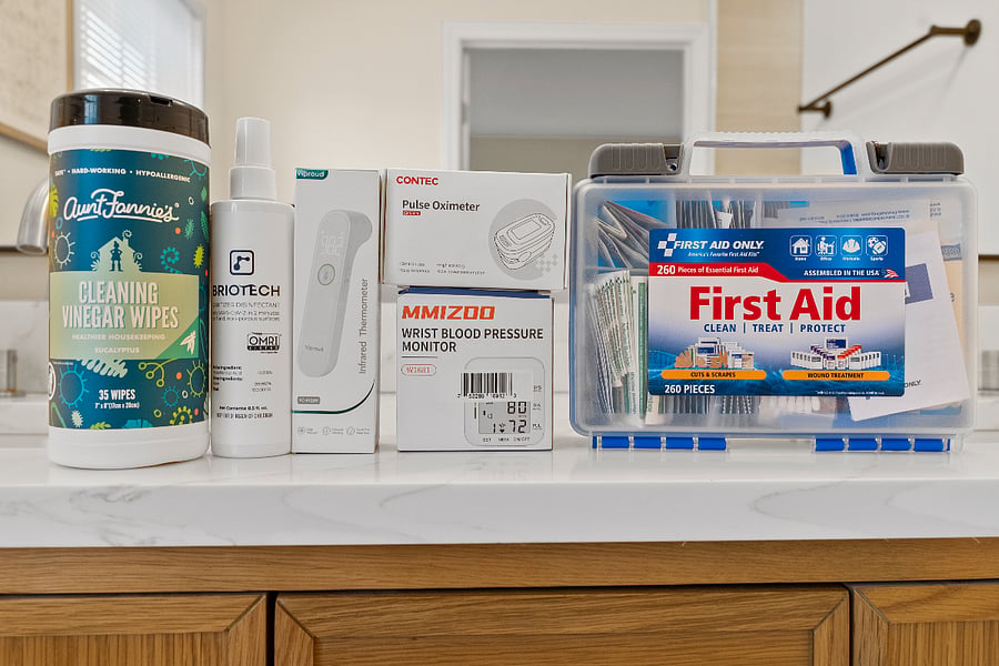 Curated wellness amenities throughout the home: first aid kit, thermometer, oximeter, BP cuff, disinfectant spray, and wipes. High-quality, thoughtfully sourced careunlike anything youll find in a hotel near Mayo Clinic.