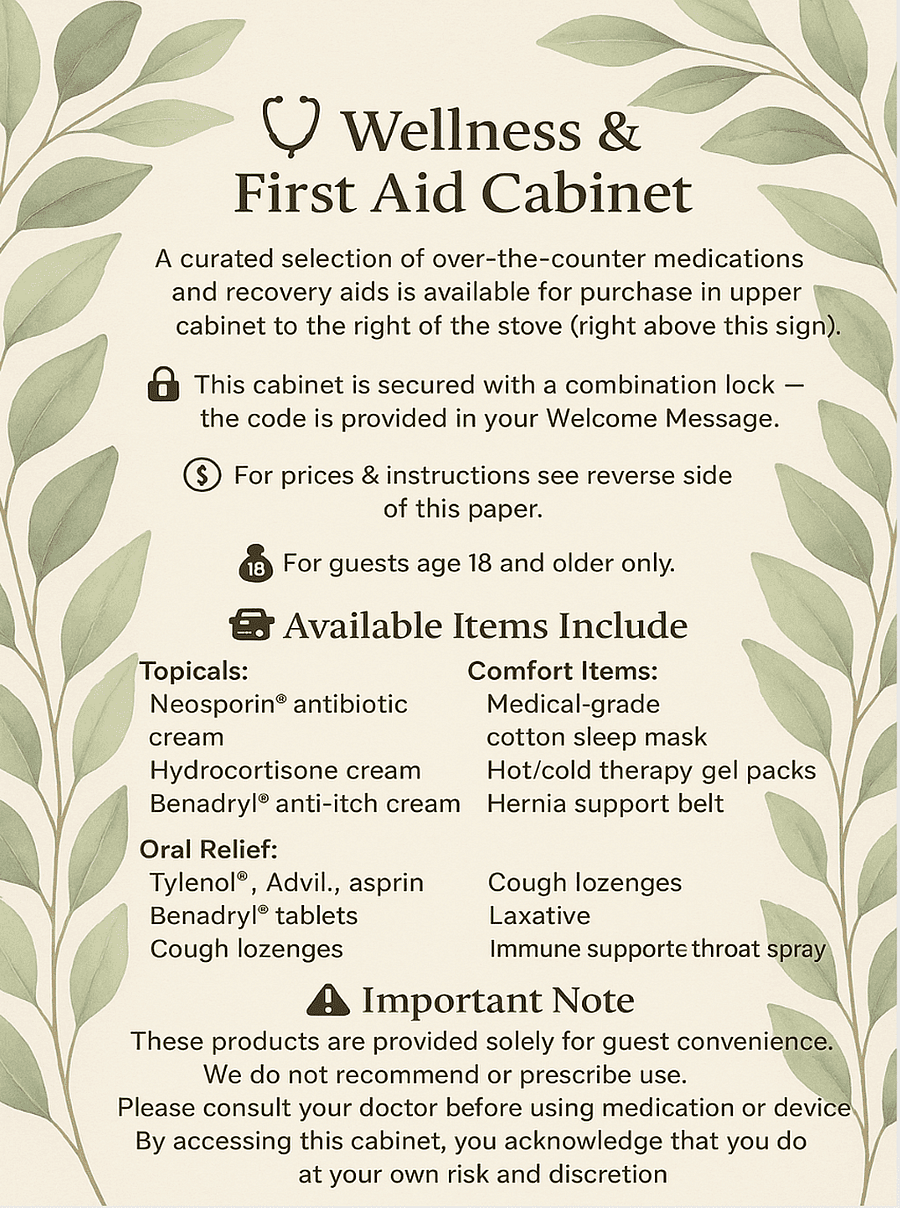 A uniquely curated Wellness & First Aid Cabinet designed by physicians, offering a wide range of thoughtfully selected over-the-counter items for purchasereflecting careful attention to guest comfort and care.