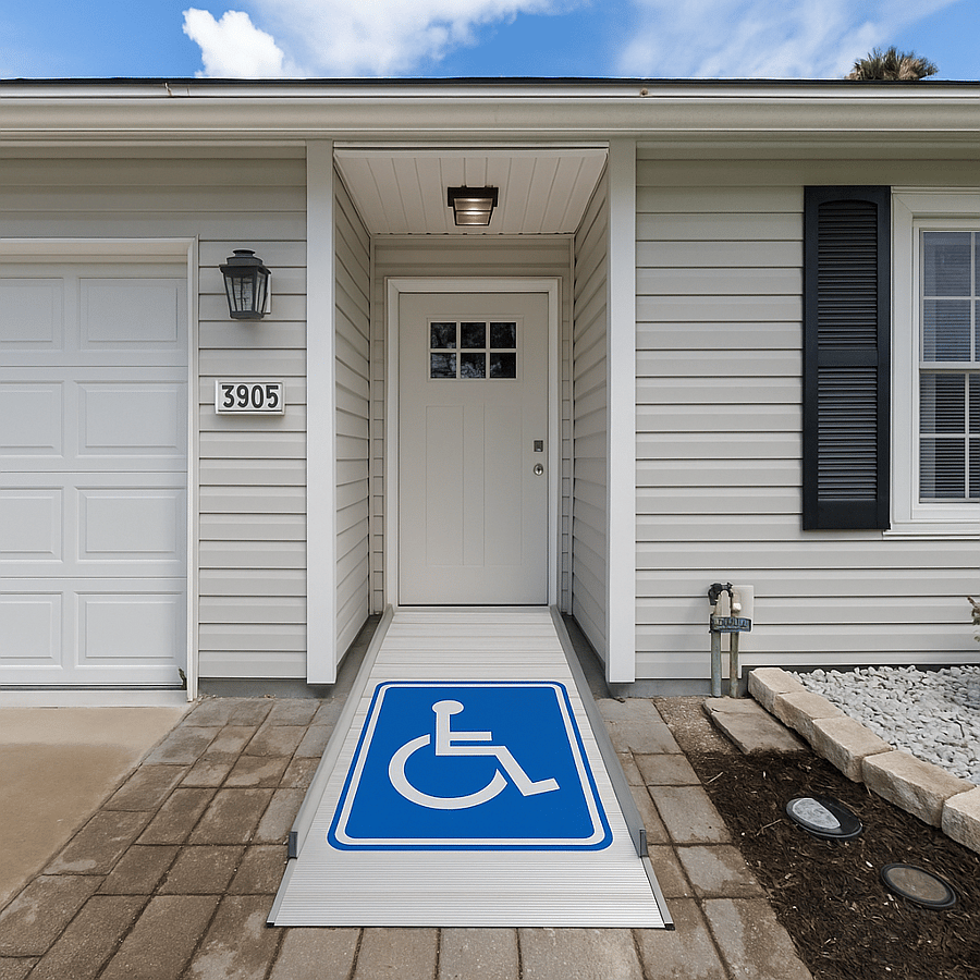 Front entrance wheelchair-accessible ramp, built to a safe 1:12 slope ratio and marked for easy visibilityproviding smooth, secure entry for patients and wheelchair users.