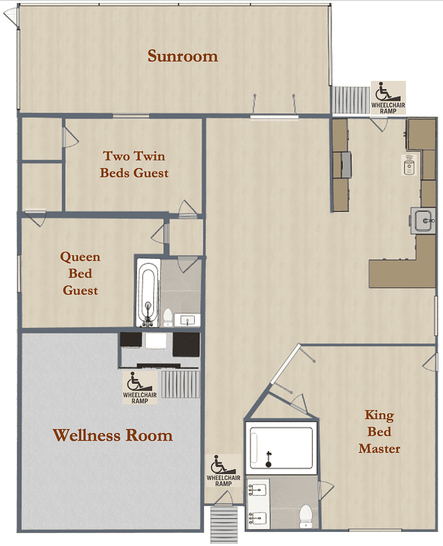 This layout highlights the homes wheelchair ramps, all built to a 1:12 slope ratio for safety and ease. Designed to maximize accessibility, these features ensure a smooth, barrier-free experience throughout key areas of the home.