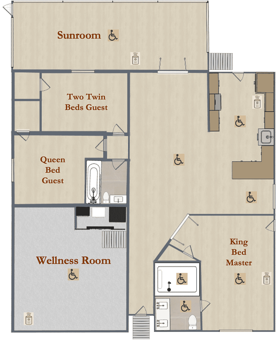 This floor plan highlights key accessibility featuresincluding wheelchair-accessible spaces and Alexa devices with a premium emergency assistance subscriptiondesigned to support safety, independence, and peace of mind.