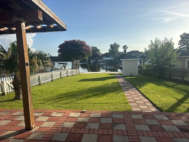 View from covered patio backyard