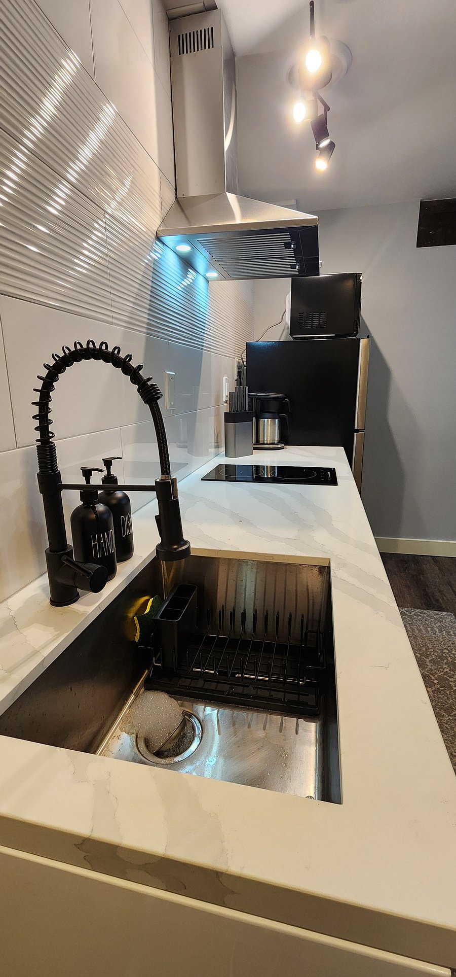 Brand new kitchenette with induction cooktop, microwave, convection toaster oven, coffee maker.