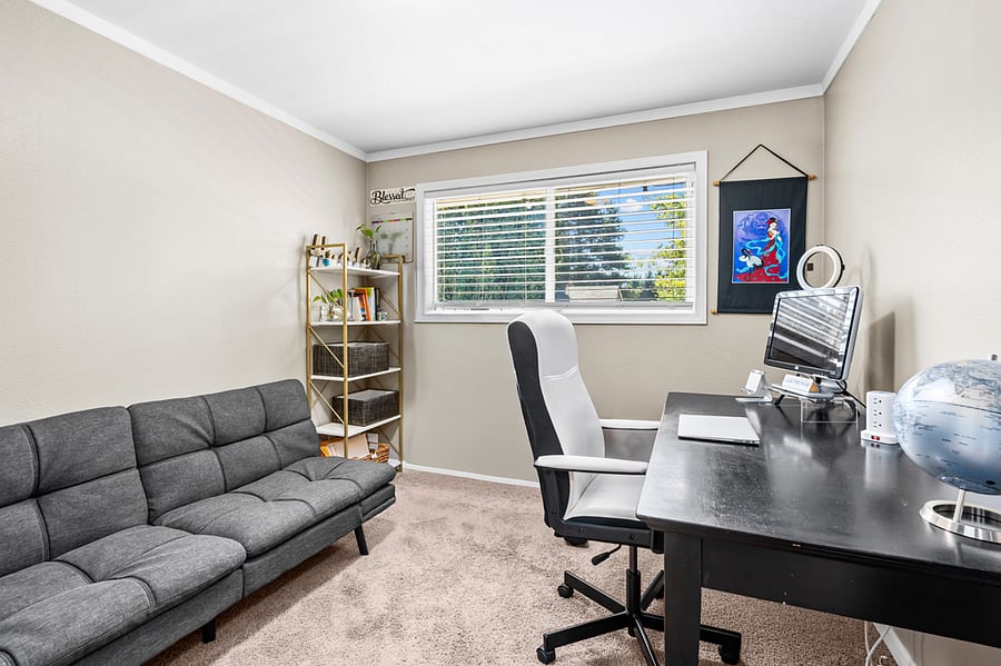 Full office with printer, white board and pull out bed. Memory foam topper available for the pull-out bed.