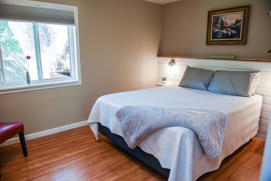 Main bedroom with a window to the 200-year old sycamore. Room darkening shades ensure a good sleep.