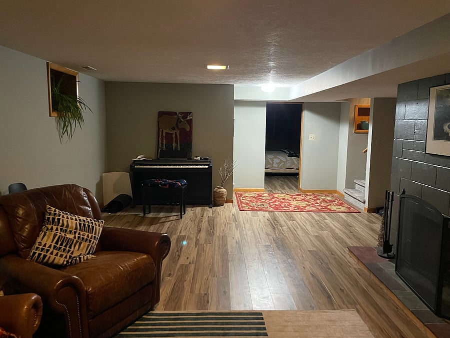 Basement living room with digital piano
