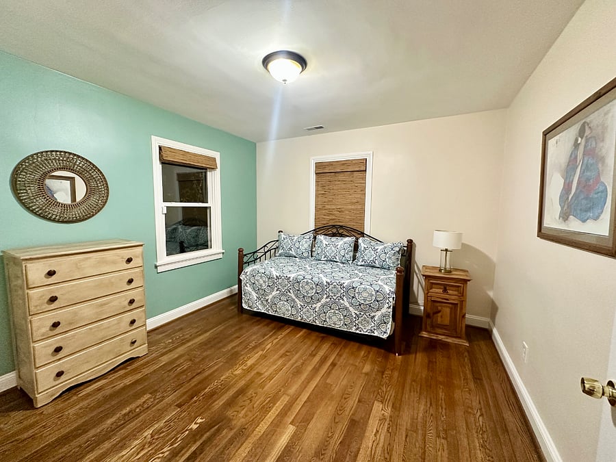 Trundle bed- bottom bed pulls out and can pop up for a second single bed- downstairs