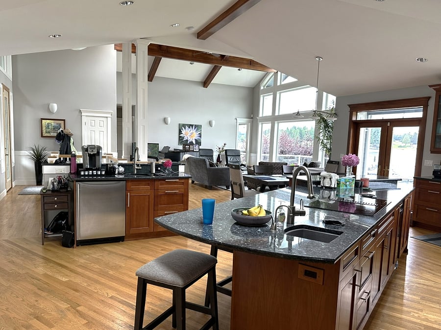 Kitchen and living room.