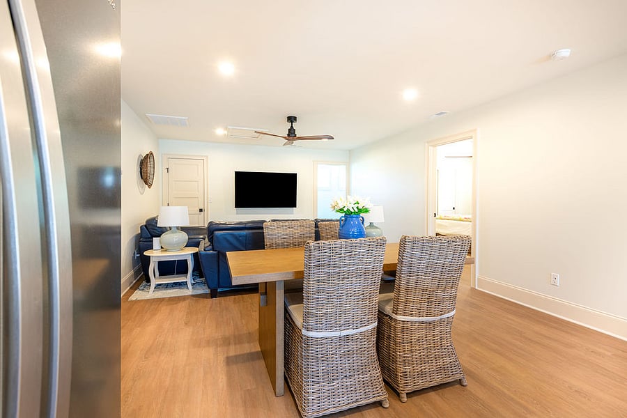 Open floor plan allows you to watch the television while preparing food or enjoying a meal.