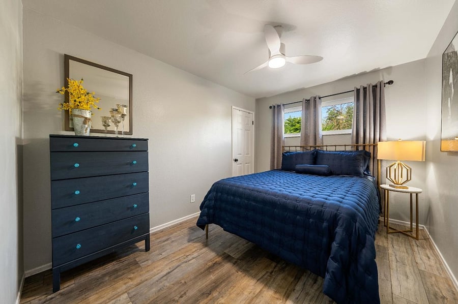 Bedroom One, with Queen Bed, 2 sets of sheets. Dresser, Side table with Lamp