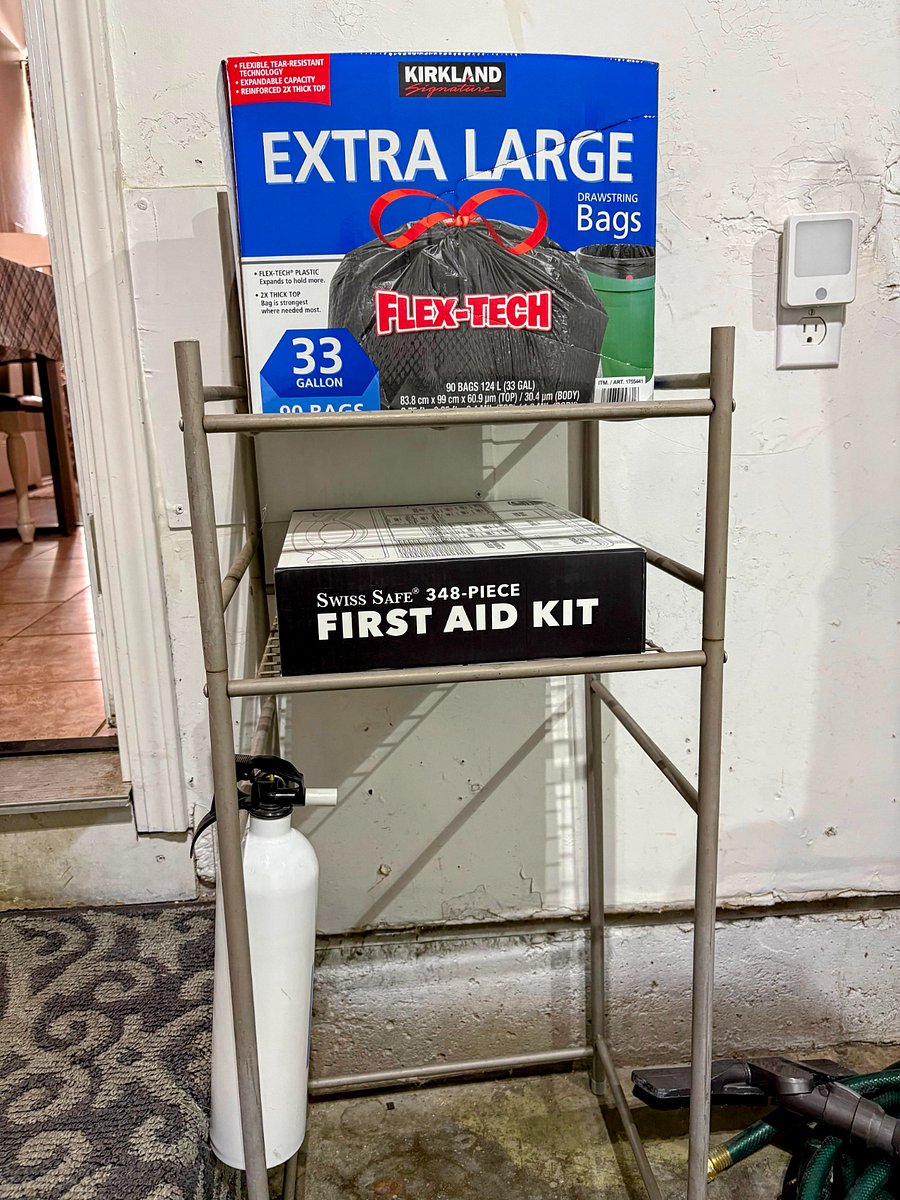 Large and kitchen garbage bags provided
Swiss Safe First Aid Kit for Medical Emergency Aid, 348 Pcs
Fire extinguisher in the garage