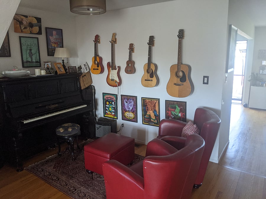 Upright baby grand piano is available for those who can play