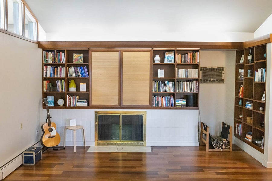 Main Living Room's Fireplace and Bookshelves
