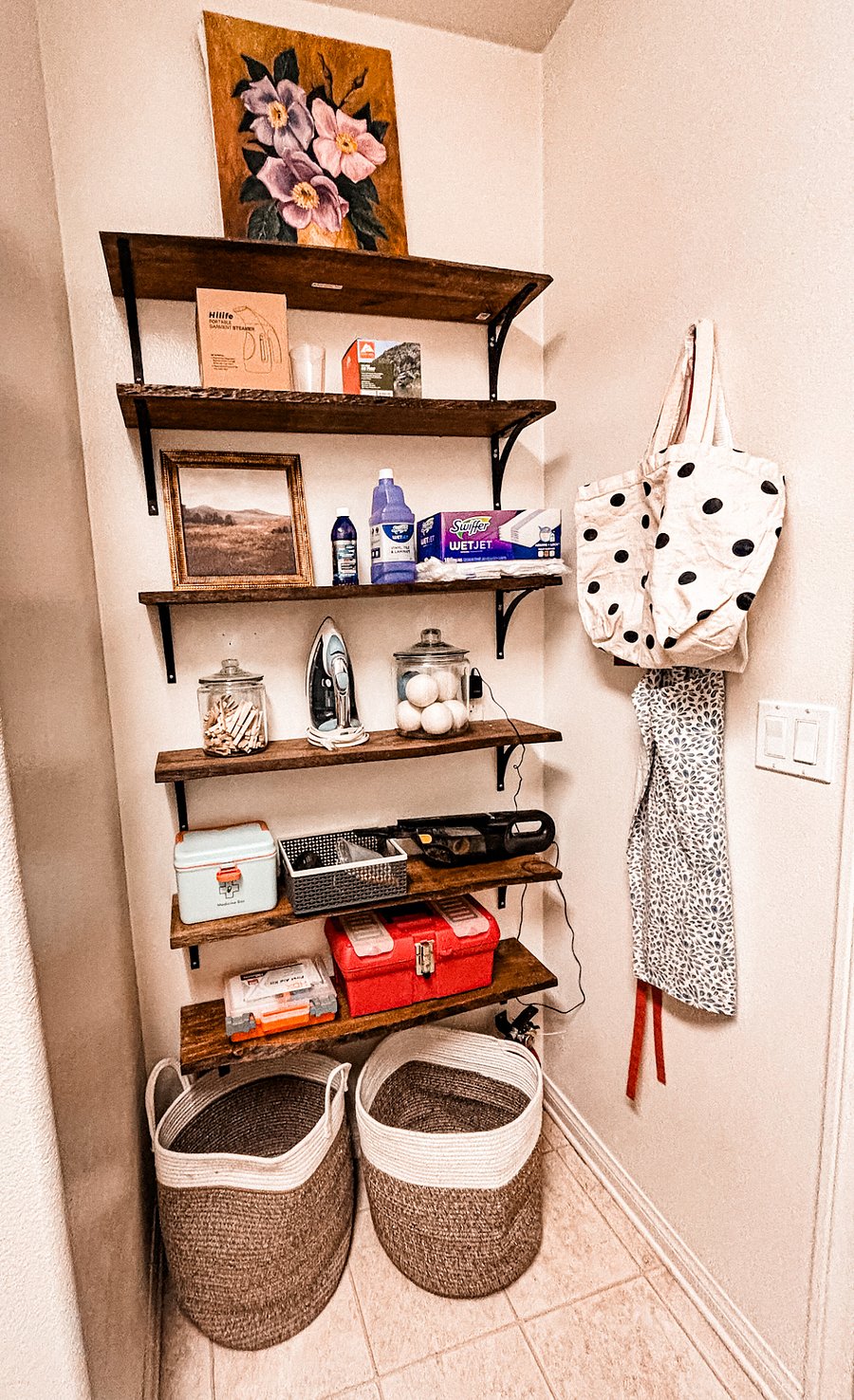 Laundry room shelves.