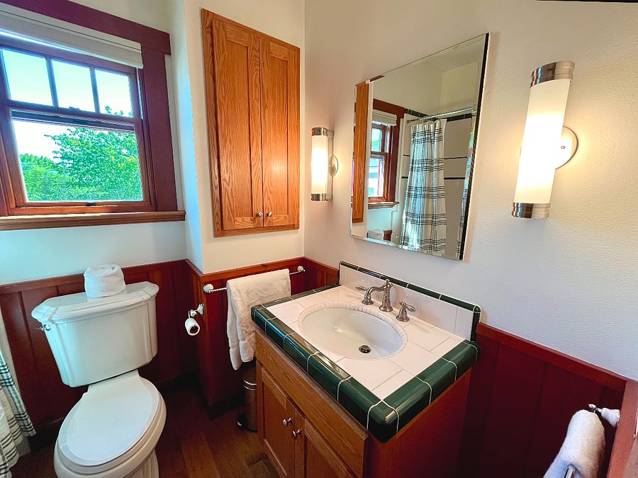 Full bath with vanity lighting, storage and shower/tub. Medicine cabinet behind mirror.